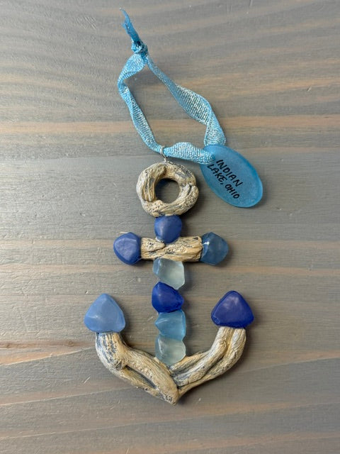 Indian Lake Driftwood & Sea Glass Resin Anchor Ornament