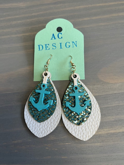 Anchor Faux Leather and Wood Dangle Earrings - Handmade