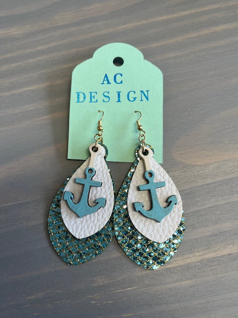 Anchor Faux Leather and Wood Dangle Earrings - Handmade