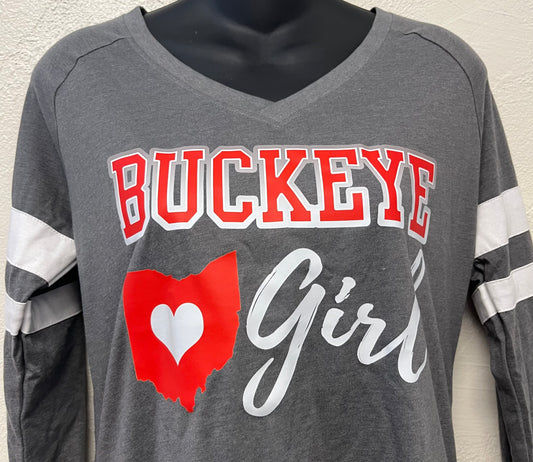 Buckeye Girl Halftime Stripe Long Sleeve V-Neck Tee