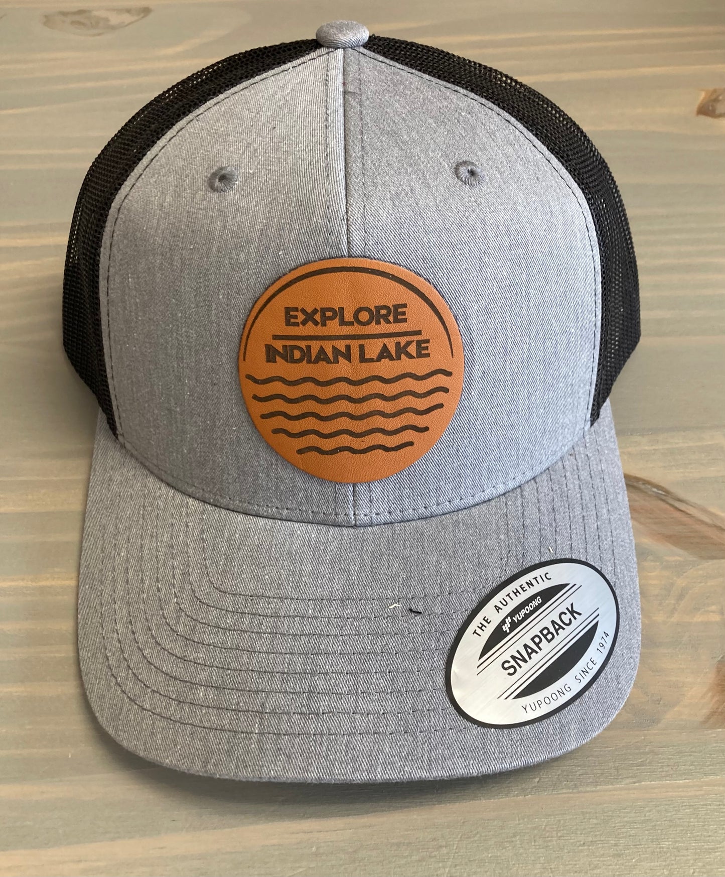 Explore Indian Lake Leather Patch Snapback Mesh Ball Cap
