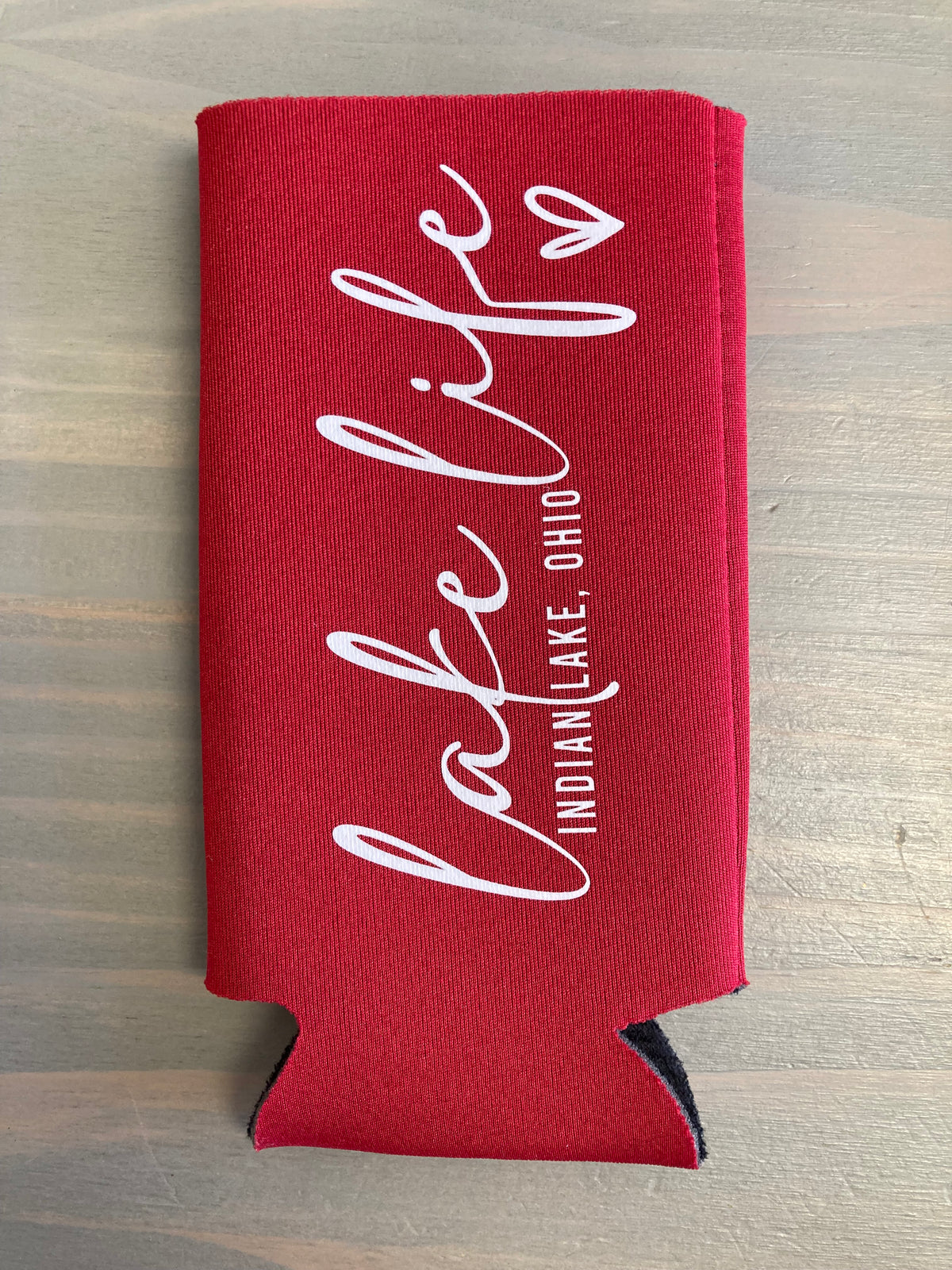 Lake Life Heart Indian Lake Tall Skinny Koozie