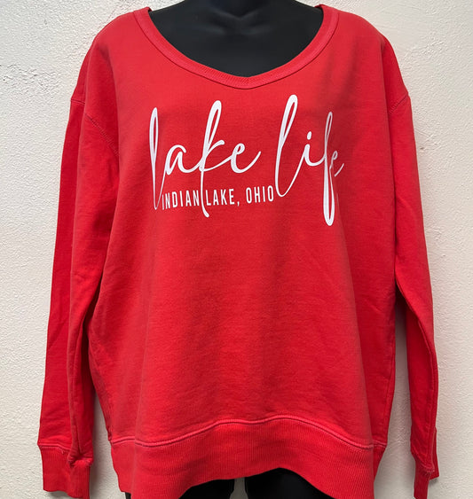 Lake Life Indian Lake Ohio Beach Wash V-Neck Sweatshirt