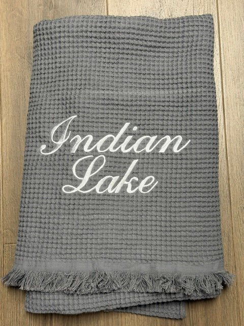 Indian Lake Embroidered Waffle Throw