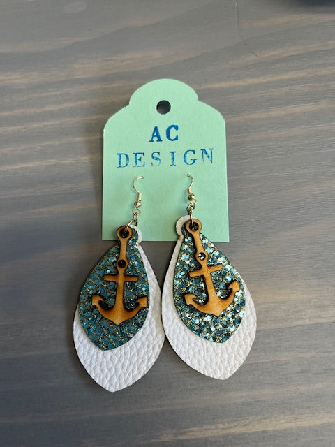 Anchor Faux Leather and Wood Dangle Earrings - Handmade