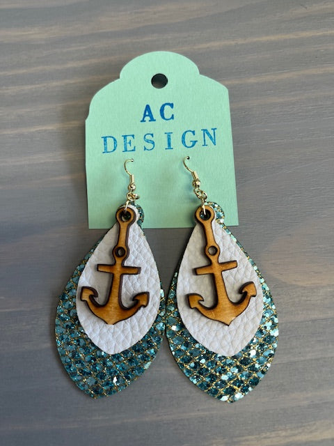Anchor Faux Leather and Wood Dangle Earrings - Handmade