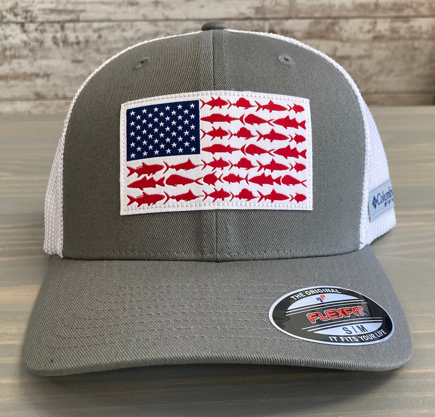 Columbia PFG American Flag Fish Patch Flex Fit Mesh Ball Cap