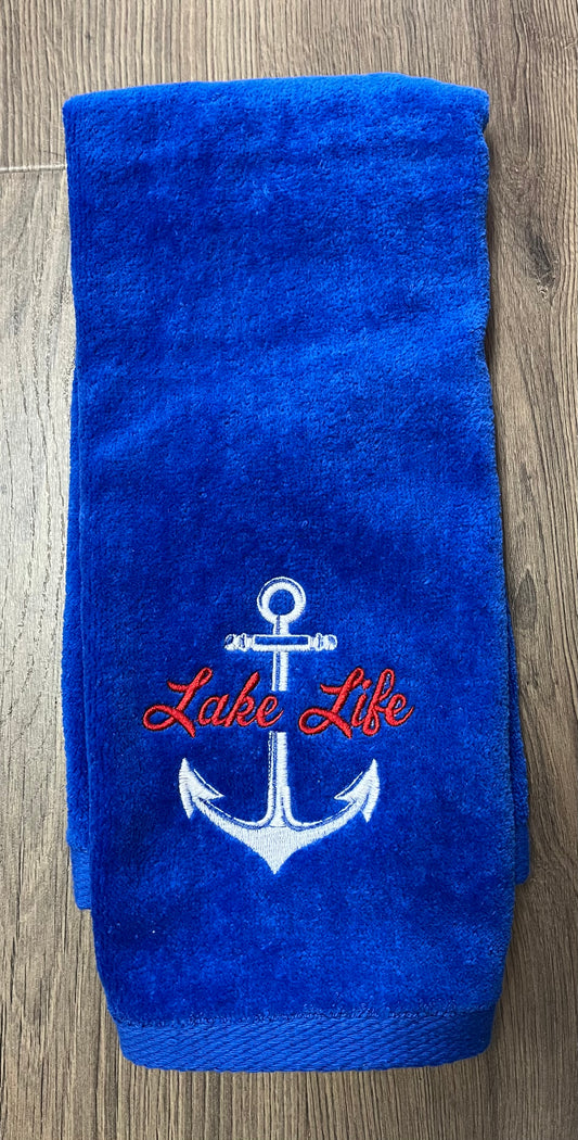 Lake Life Anchor Embroidered Hand Towel