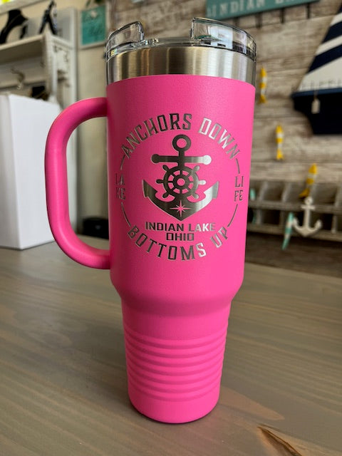 Indian Lake Anchors Down Bottoms Up Laser Engraved 40 oz. Travel Mug with Snap Lid & Straw