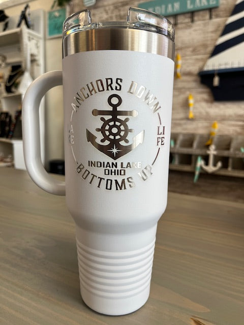 Indian Lake Anchors Down Bottoms Up Laser Engraved 40 oz. Travel Mug with Snap Lid & Straw