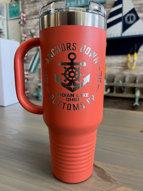 Indian Lake Anchors Down Bottoms Up Laser Engraved 40 oz. Travel Mug with Snap Lid & Straw