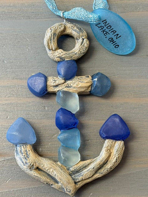 Indian Lake Driftwood & Sea Glass Resin Anchor Ornament