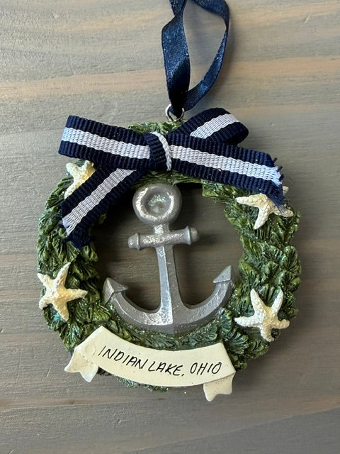 Indian Lake Anchor inside Wreath Resin Ornament