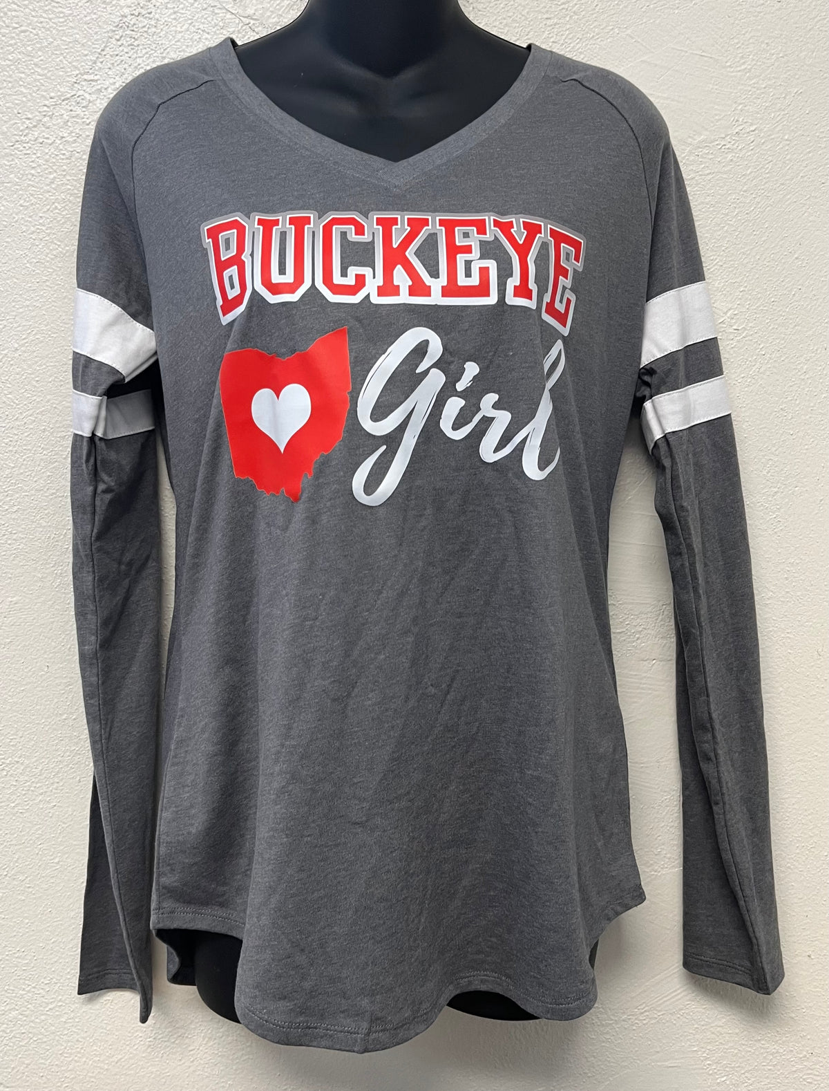 Buckeye Girl Halftime Stripe Long Sleeve V-Neck Tee