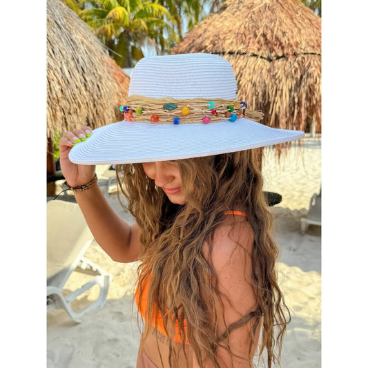 Colorful Bead Trim Wide Brim C.C Sun Hat - CC Beanie