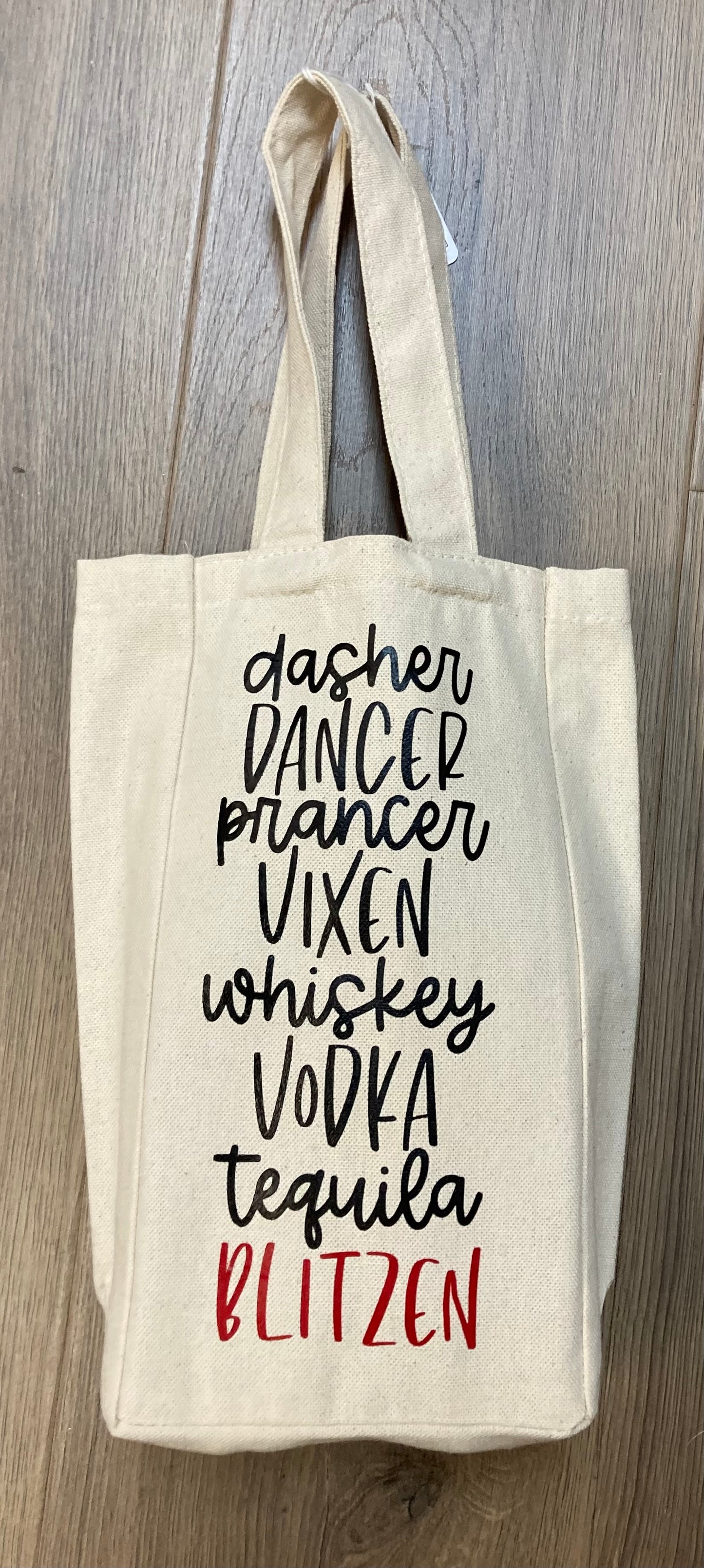 Double Bottle Wine Tote - Dasher Dancer Prancer Vixen Whiskey Vodka Tequila Blitzen