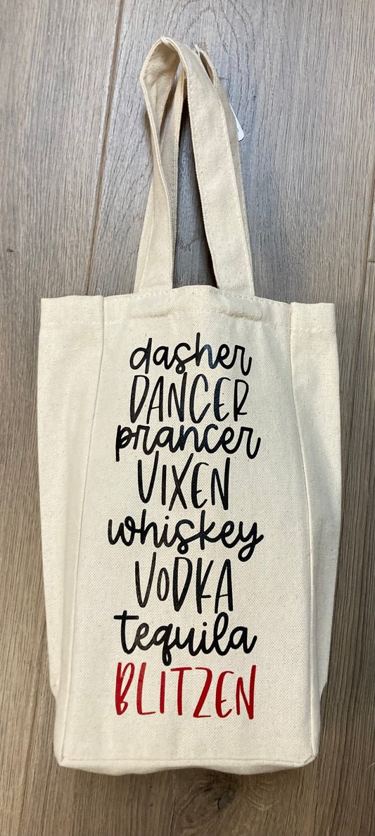 Double Bottle Wine Tote - Dasher Dancer Prancer Vixen Whiskey Vodka Tequila Blitzen