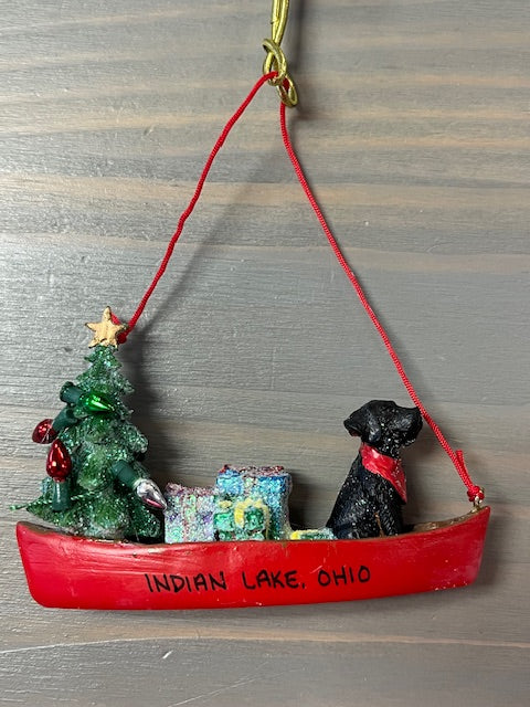 Dog in a Canoe w/Lights - Resin Ornament
