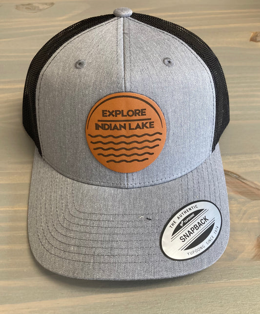 Explore Indian Lake Leather Patch Snapback Mesh Ball Cap