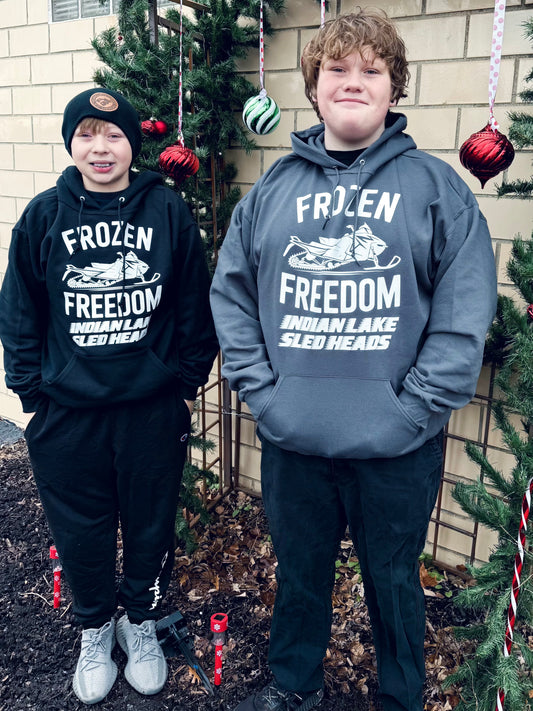 "Frozen Freedom" Indian Lake Sled Head Crewnecks, Hoodies and Long Sleeve Shirts