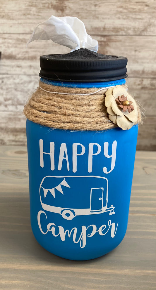 Mason Jar Tissue Holder- Happy Camper