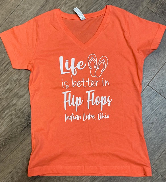 Life is Better in Flip Flops Indian Lake Ladies V Neck Shirt