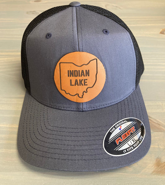 Indian Lake with Ohio Outline Leather Patch Flex Fit Mesh Ball Cap