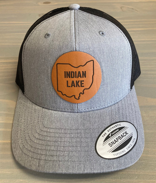 Indian Lake with Ohio Outline Leather Patch Snapback Mesh Ball Cap