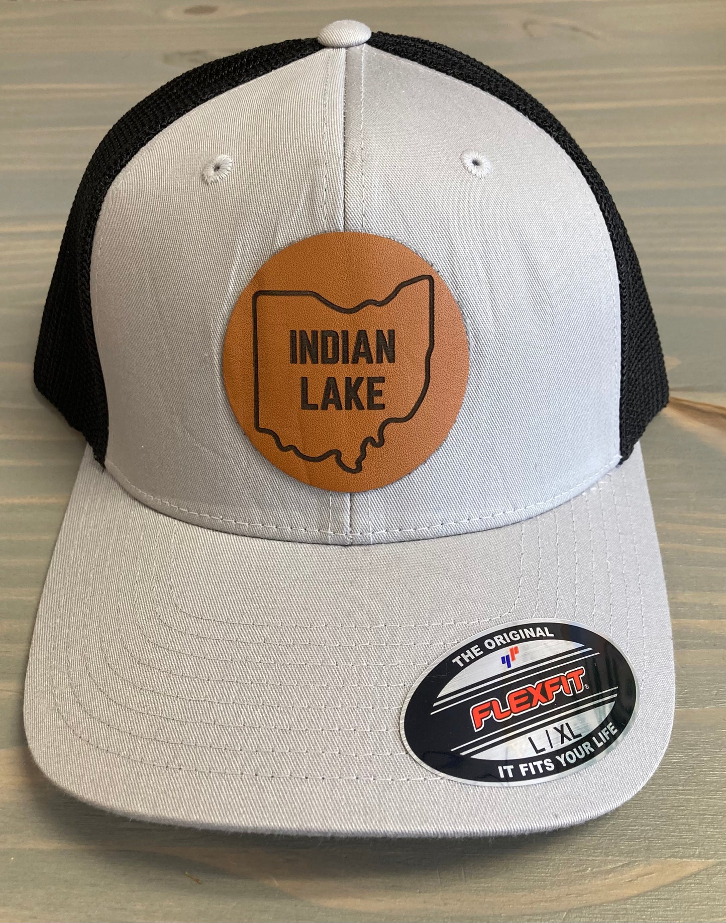 Indian Lake with Ohio Outline Leather Patch Flex Fit Mesh Ball Cap