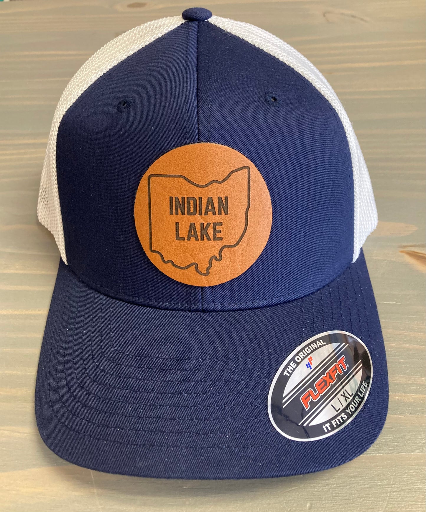 Indian Lake with Ohio Outline Leather Patch Flex Fit Mesh Ball Cap