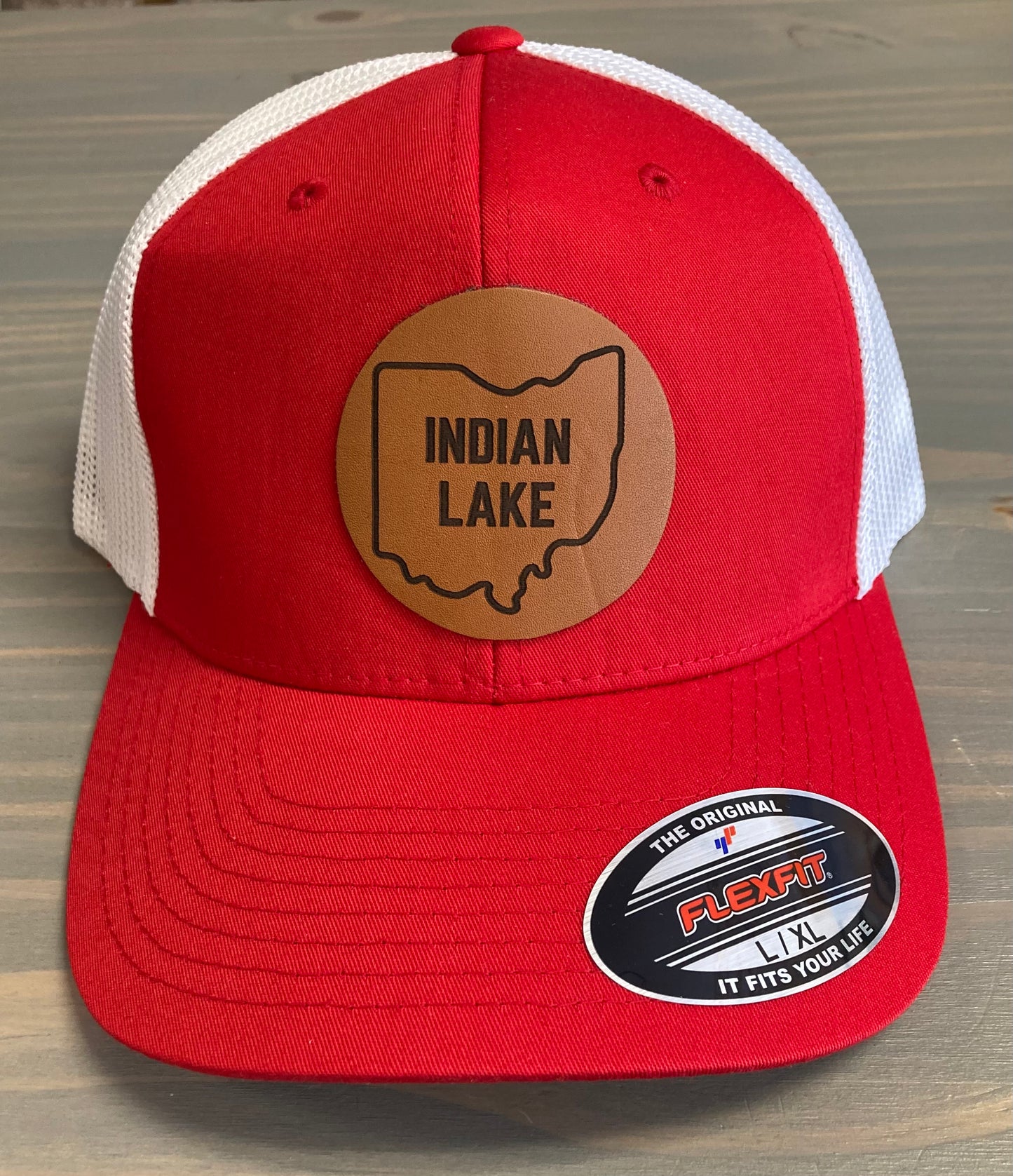 Indian Lake with Ohio Outline Leather Patch Flex Fit Mesh Ball Cap