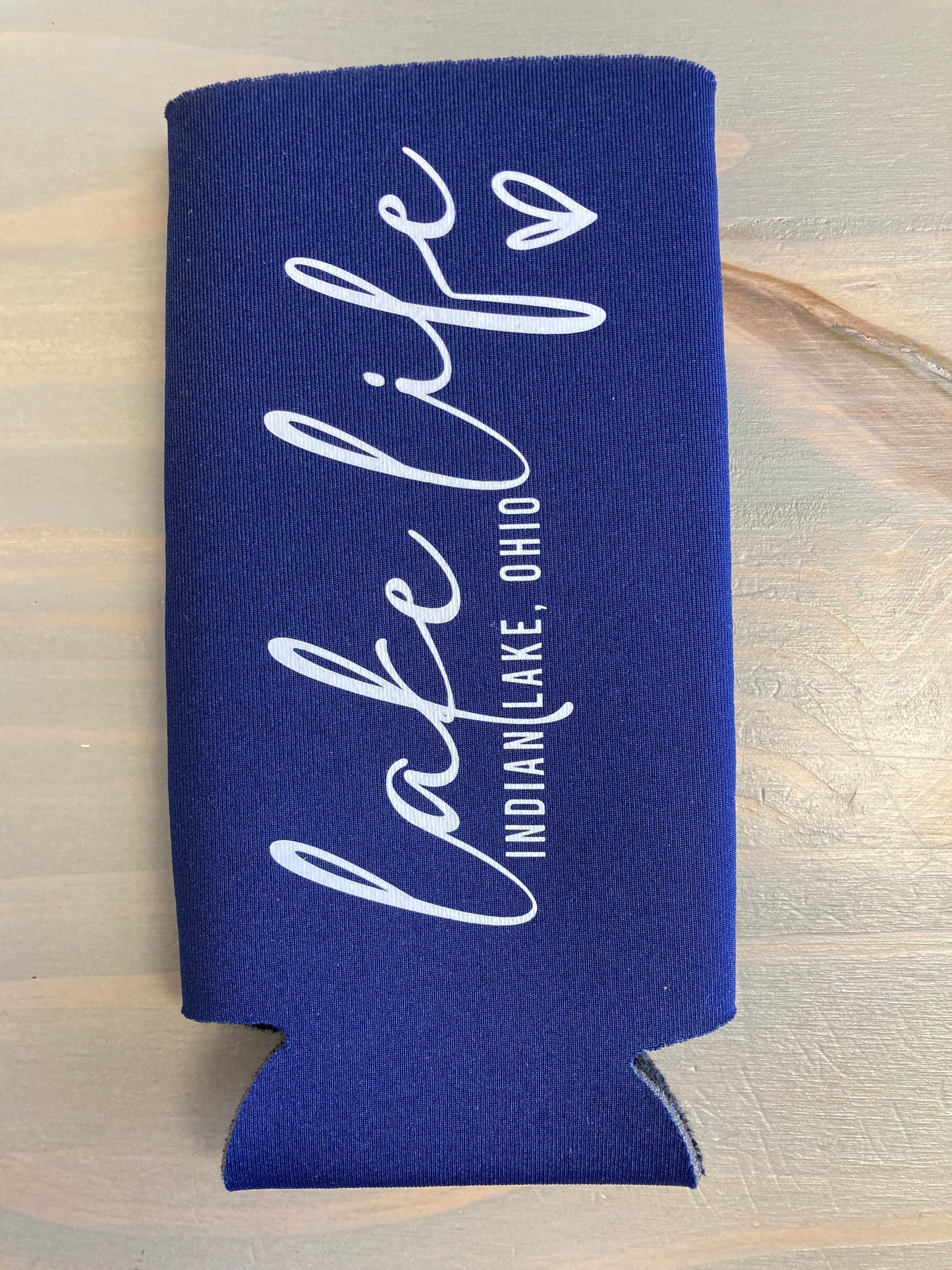 Lake Life Heart Indian Lake Tall Skinny Koozie