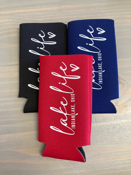 Lake Life Heart Indian Lake Tall Skinny Koozie