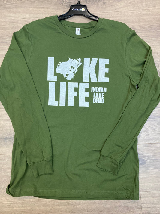 Lake Life Map Indian Lake Olive Long Sleeve T-Shirt