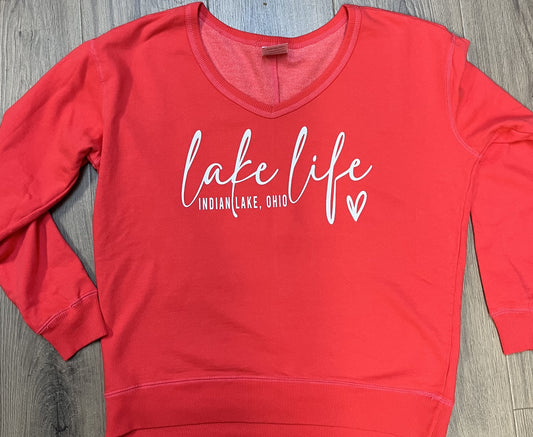 Lake Life Indian Lake Ohio Beach Wash V-Neck Sweatshirt