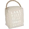 Lake Rules: Relax Unwind Enjoy Tan Door Stopper, Off White, 5" x 6"