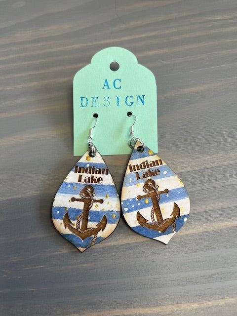 Indian Lake Anchor Wooden Dangle Earrings - Handmade