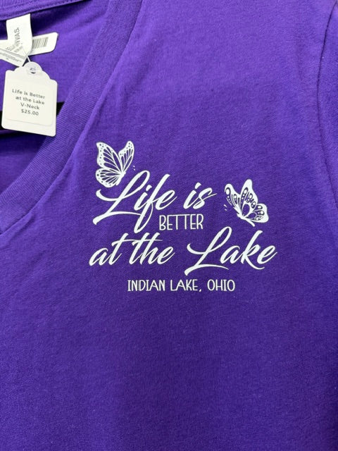 Life is Better at the Lake Indian Lake Ohio Butterflies V-Neck