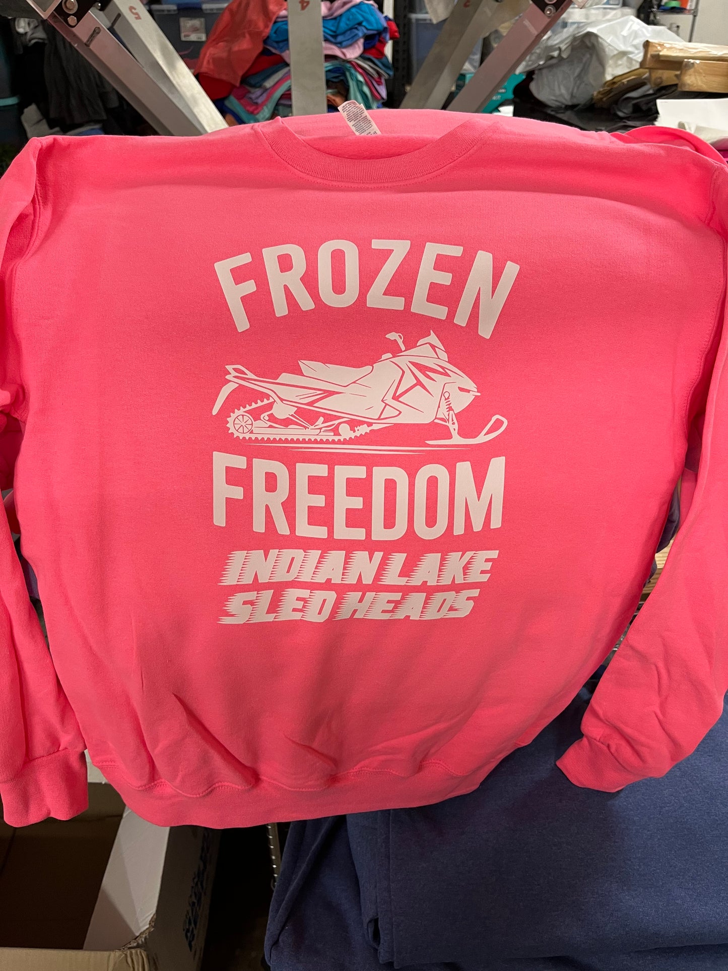 "Frozen Freedom" Indian Lake Sled Head Crewnecks, Hoodies and Long Sleeve Shirts