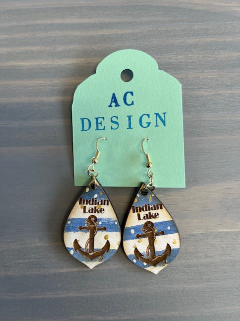 Indian Lake Anchor Wooden Dangle Earrings - Handmade