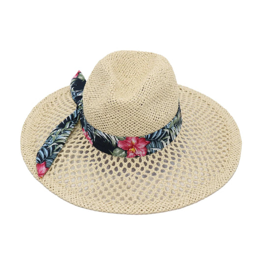Tropical Floral Print Band Trim Panama Hat - CC Beanie