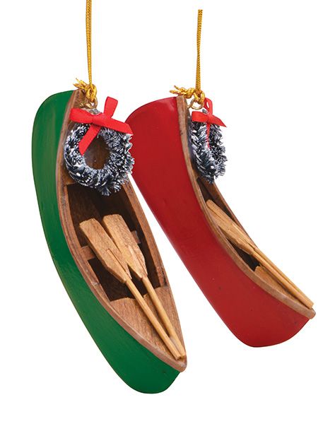 Wood Canoe Ornament with Wreath