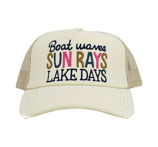 Ball Cap - Boat Waves Sun Rays Lake Days- Trucker Style with Foam Front and Bill