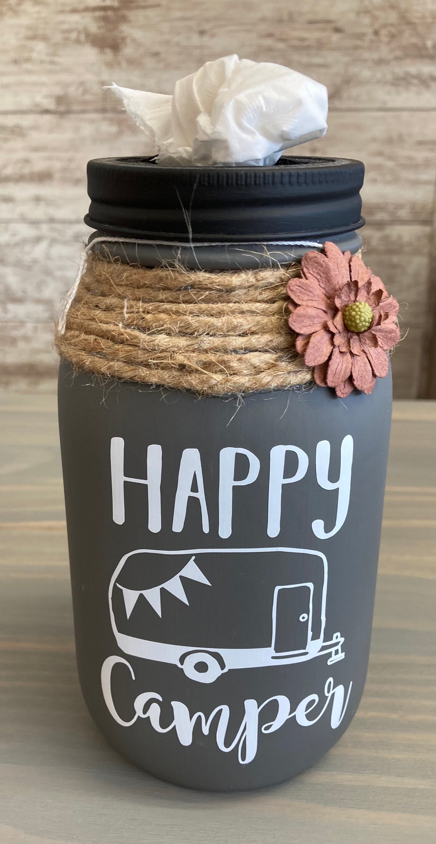 Mason Jar Tissue Holder- Happy Camper