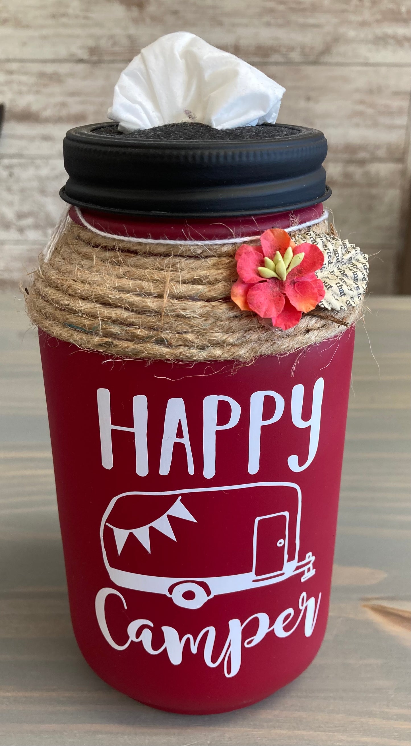 Mason Jar Tissue Holder- Happy Camper