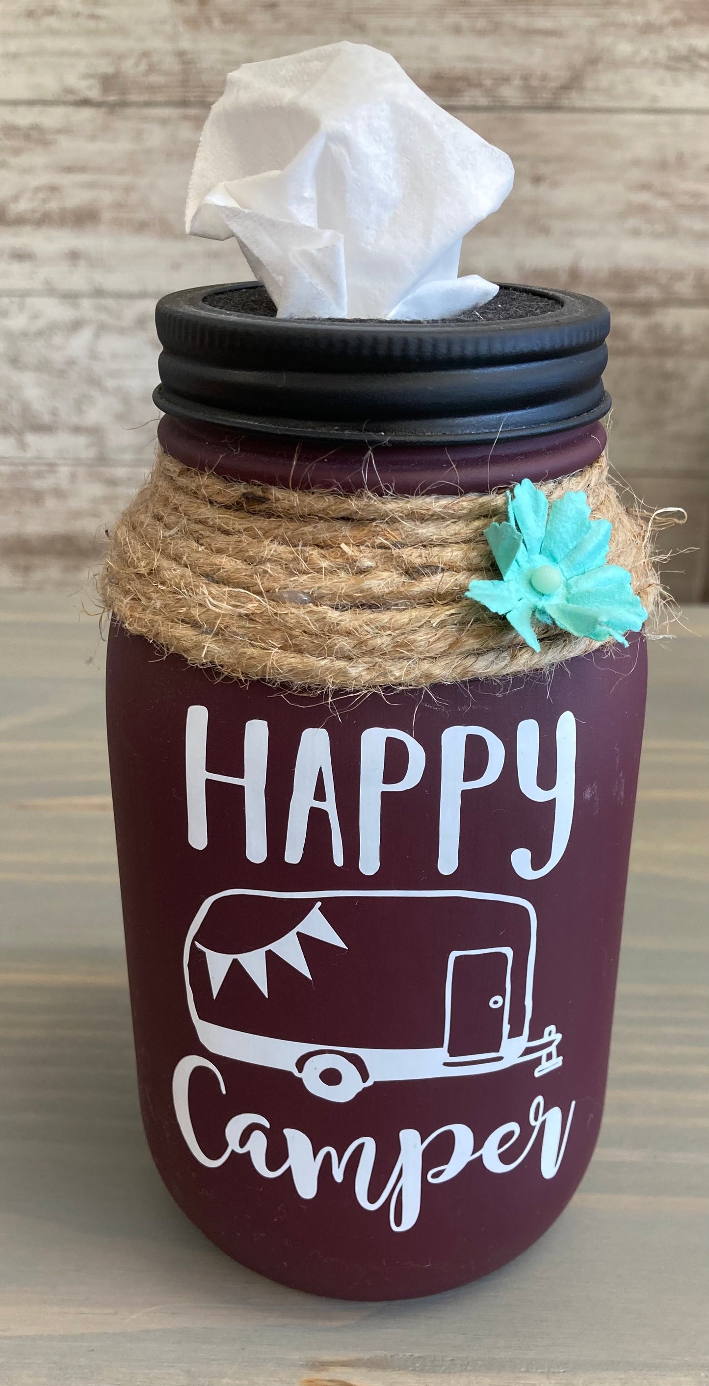 Mason Jar Tissue Holder- Happy Camper