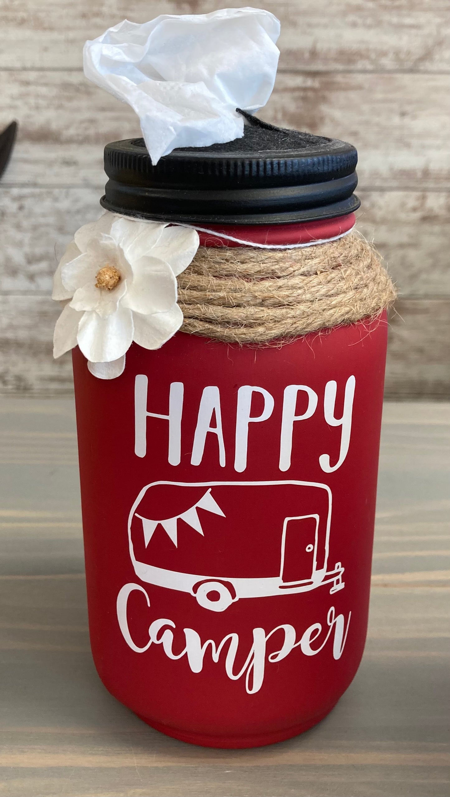 Mason Jar Tissue Holder- Happy Camper