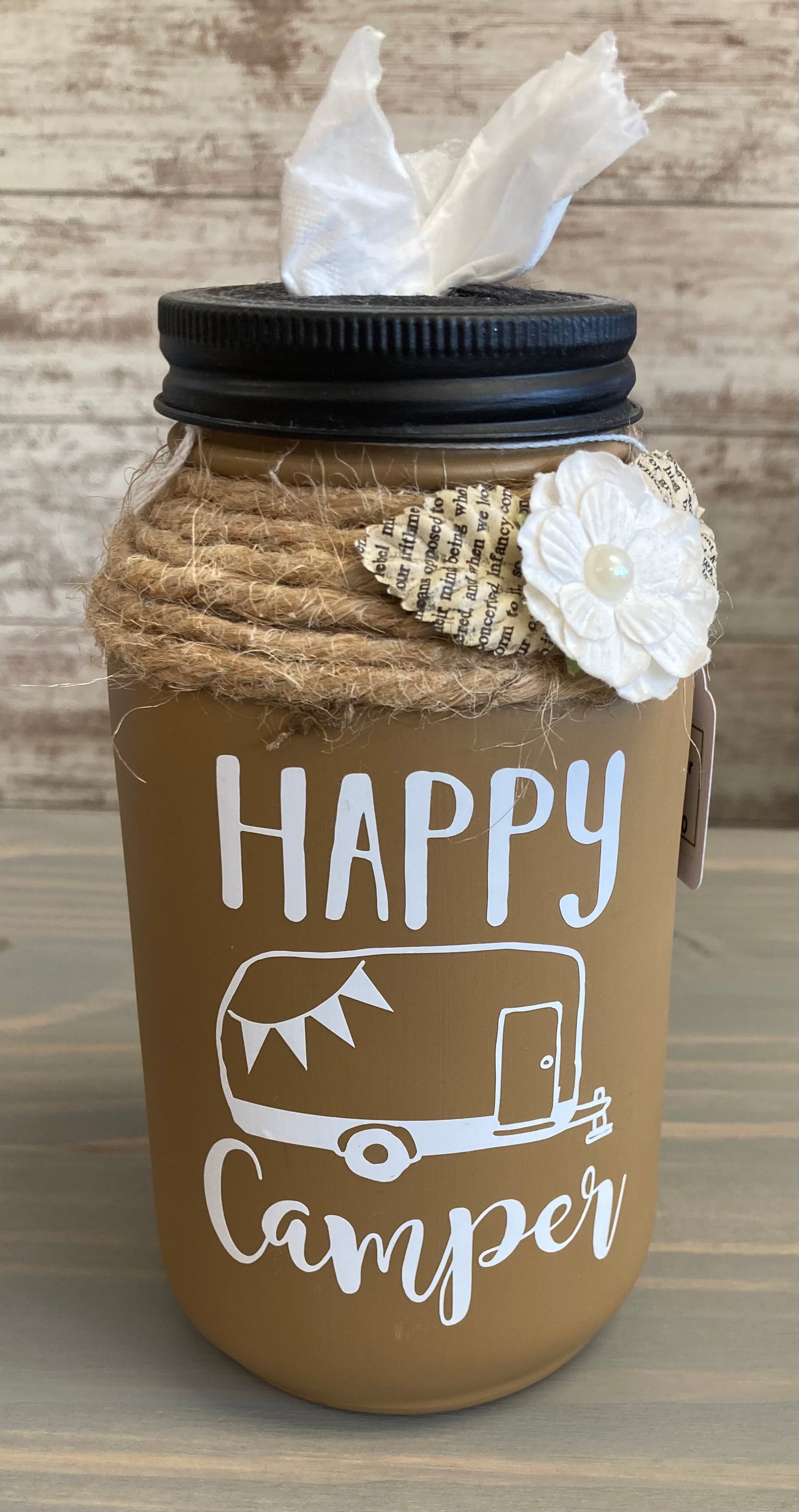 Mason Jar Tissue Holder- Happy Camper