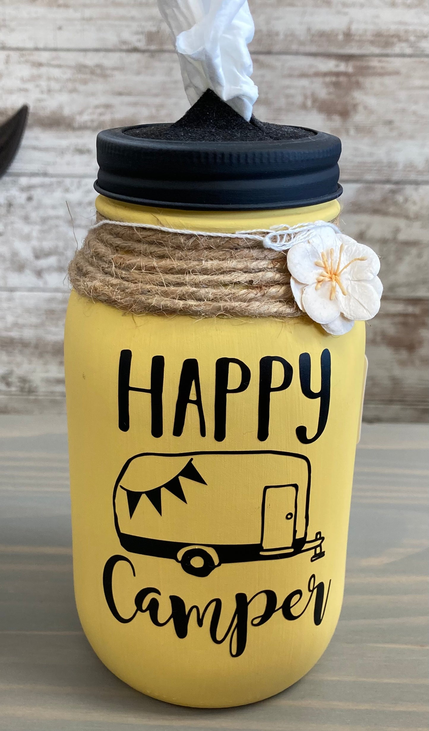 Mason Jar Tissue Holder- Happy Camper