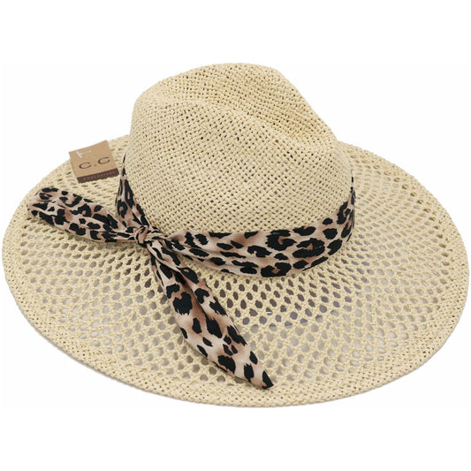 Leopard Print Band Trim Panama Hat - CC Beanie